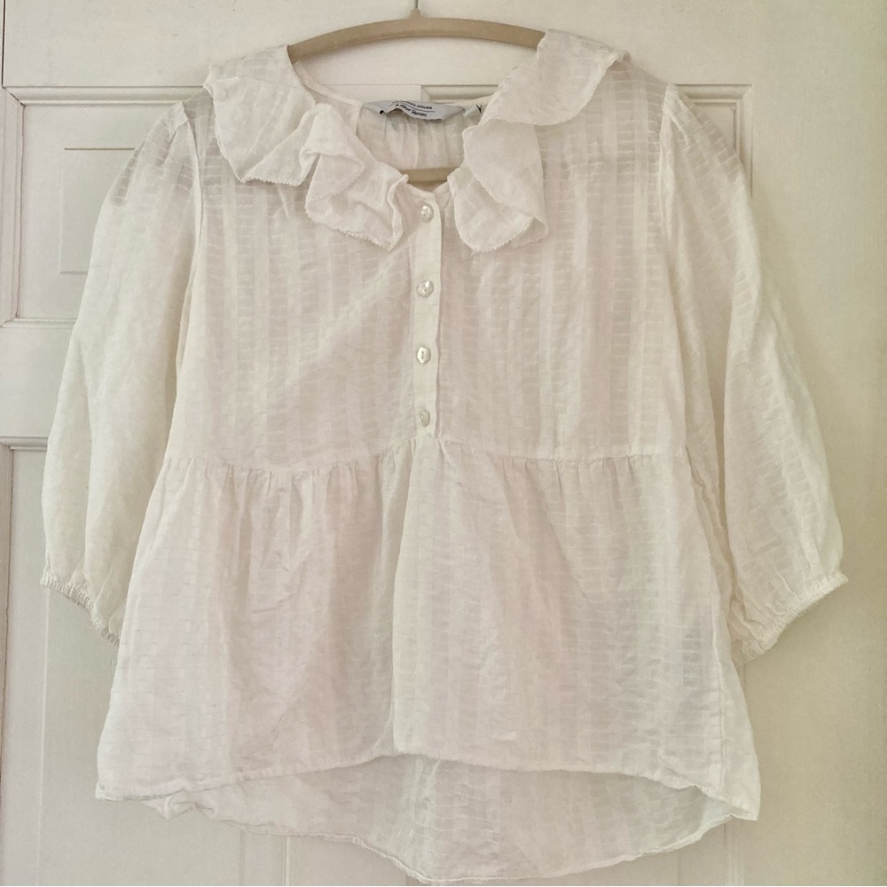 & Other Stories White Semi-Sheer Ruffle Collar Puff Sleeve Blouse (Size 0)